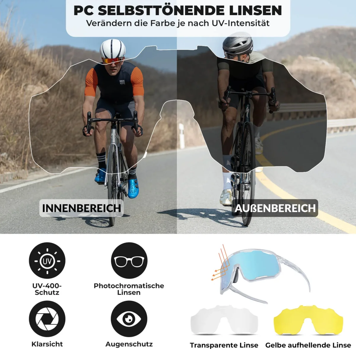 Gafas de ciclismo, gafas de sol fotocromáticas, protección UV, plaquetas nasales intercambiables, mujer/hombre, ROCKBROS - Imagen 8