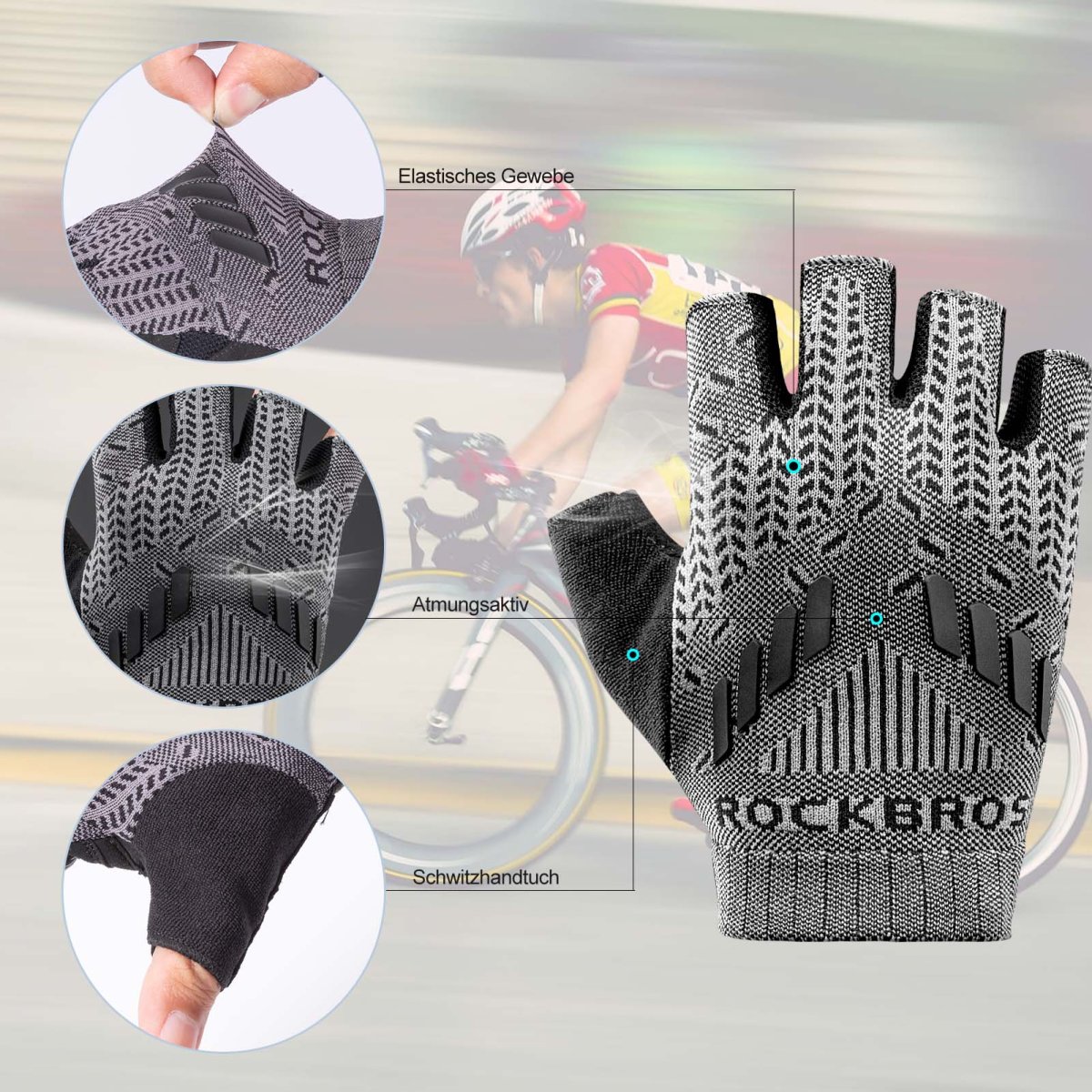 Guantes de ciclismo de medio dedo con absorción de impactos para verano para hombre ROCKBROS - Imagen 3