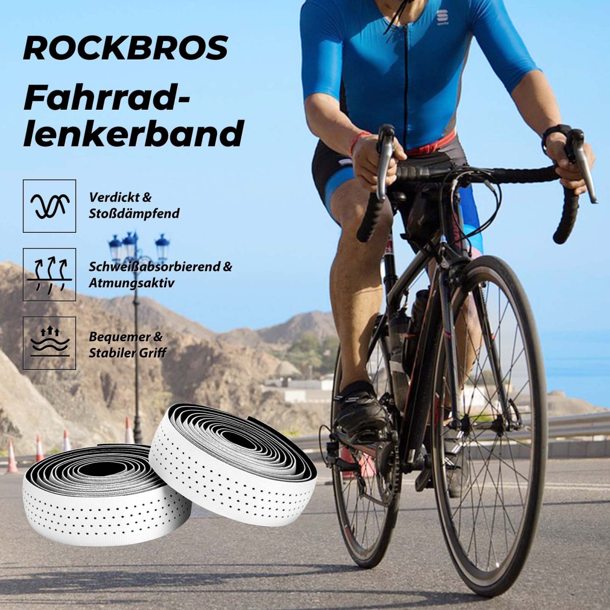 Cinta para manillar de bicicleta de carretera, antideslizante, amortiguadora, 2 rollos, ROCKBROS - Imagen 5